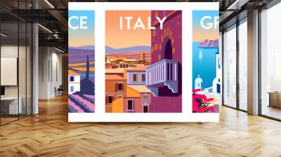 Set of travel posters. Italy, Greece and France. Handmade drawing vector illustration.  Wall mural