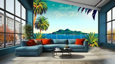 Tropical Island landscape with palm trees, yachts, flowers, islands and the sea in the background. Wall mural