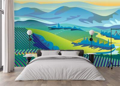 Vector rural landscape with farms, vineyards and hills in the background. Wall mural