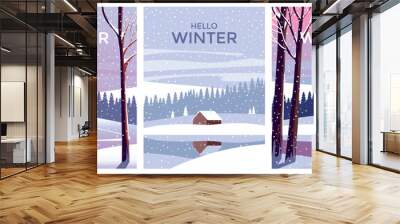 Vector Set of 3 winter season landscapes. Snow covered trees in the first plan and house on the edge of the forest under the snow in the background. Trendy handmade drawing vector illustration. Wall mural