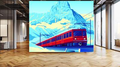 Winter Travel Poster with railway train in first plan and mountain in the background. Handmade drawing vector illustration. Pop art vintage style. Wall mural