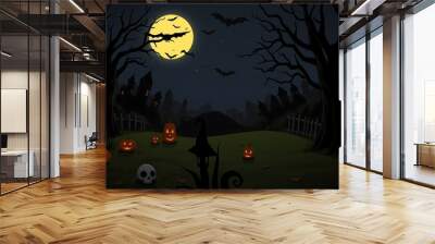 Spooky Halloween night scene with orange pumpkins and a yellow moon, perfect for spooky and festive designs. 
 Wall mural