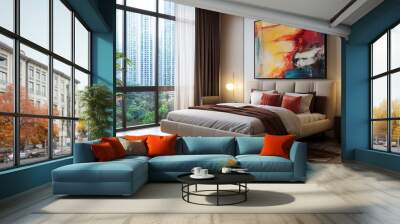 Apartment bedroom with a sleek upholstered bed, a large abstract painting above the headboard, and natural light from tall windows. Wall mural