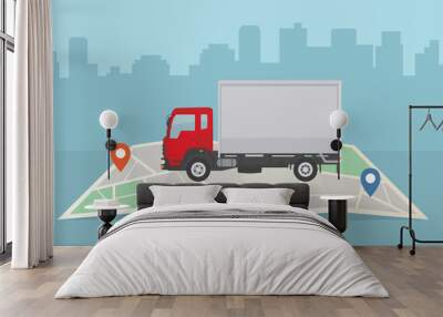 Delivery truck and map on city background. Transport services, logistics and freight of goods concept. Flat style, vector illustration.  Wall mural