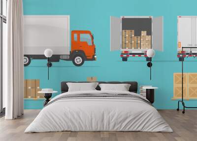 Delivery truck side and back view, and different boxes. Isolated on blue background. Warehouse Equipment, cargo delivery, storage service concept. Flat style, vector illustration. Wall mural