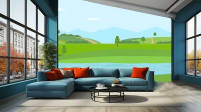 Flat vector illustration with river, green hills and mountains. Rural summer landscape. Wall mural