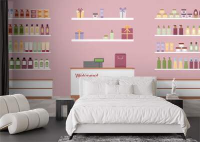 health and beauty store with colorful cosmetic products in plastic bottles in shelves. flat style ve Wall mural