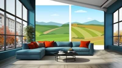 Natural landscape with hills, meadow and mountains. Four seasons: spring, summer, autumn, winter. Vector illustration. Wall mural