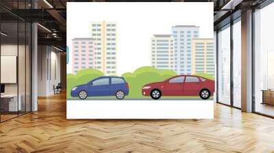 Parking lot with two cars on city background. Flat style, vector illustration. Wall mural