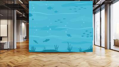 Sea underwater background. Marine sea bottom with underwater plants, corals and fishs. Panoramic seascape. Vector illustration. Wall mural