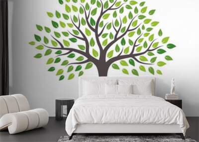 Tree with green leaves and roots. Isolated on white background. Flat style, vector illustration.  Wall mural