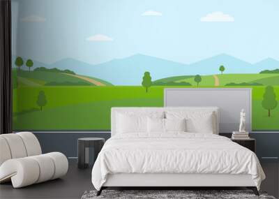 Truck moving on asphalt road along the green fields in rural landscape. Transport services concept. Flat style vector illustration.  Wall mural