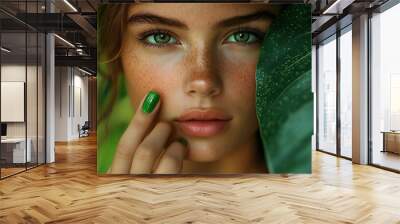 Closeup Portrait of a Woman model with brown hair and green eyes, age 30, showing her hand with green nails, holding a tree leaf. Blured green jungle background Wall mural