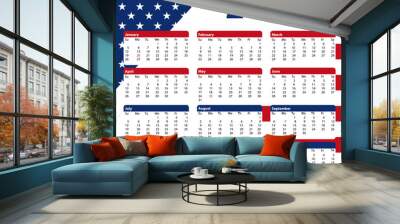 2020 USA Calendar. 12 Months. Colors of the american flag vector printable design II. Wall mural