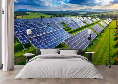 A field of solar panels gleams in the sunlight, symbolizing sustainable energy production.
Expansive solar farm captures the sun's energy, surrounded by a serene natural environment. Wall mural