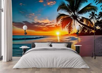 beach scene with palm trees breathtaking tropical sunset background creates a postcard-perfect scene on a beach with palm trees. background  Wall mural