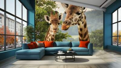 beautiful giraffe with son in jungle Wall mural