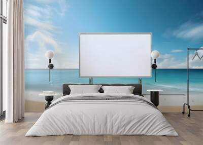 Empty white sign board beach scene featuring a large blank billboard with a metal frame.  blank white billboard on a beach, offering a prime location for outdoor advertising.beach background  Wall mural