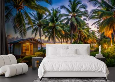 Peaceful tropical sunset with beautiful road side lush palm trees and a cozy cottage Idyllic beach scene featuring lush greenery and warm golden light Wall mural