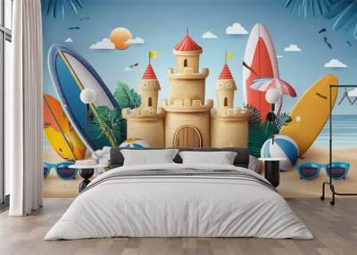 summer holiday theme set against a sky blue backdrop, featuring stylized beach elements like sandcastles, surfboards, beach balls, and sunglasses beach art rendered painting background Wall mural