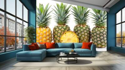 Yellow and green pineapples with leafy crowns, one cut in half on a white background.
Fresh tropical pineapples with textured skin, perfect for summer snacks. Wall mural