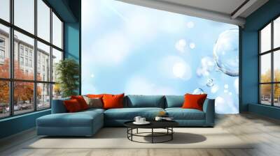  A collection of bubbles atop a blue expanse of water teeming with numerous water droplets on a sunlit day Wall mural