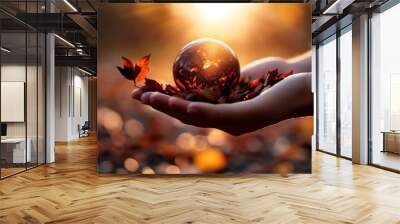  A hand holds a crystal ball, revealing a drifting leaf against a radiant sun background Wall mural