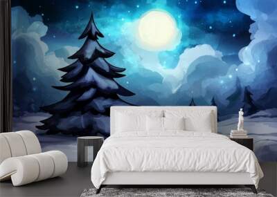  A night scene featuring a pine tree blanketed in snow in the foreground, and a full moon illuminating the background Wall mural