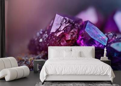  A table holds a stack of green and purple rocks, with a mound of purple crystals atop them Wall mural