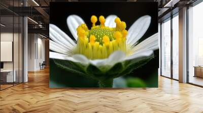  A tight shot of a white and yellow bloom against a backdrop of green foliage, with a softly blurred background Wall mural