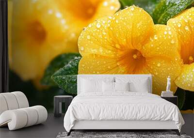  A tight shot of a yellow bloom sporting water beads on its petals against a verdant foliage backdrop Wall mural