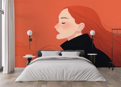  A woman with long red hair is depicted against a backdrop of two red walls The wind blows her hair, making it appear as if it's billowing out behind her Wall mural