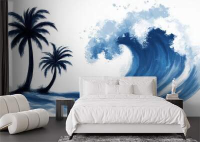 A drawing of two palm trees in front of a large wave Wall mural