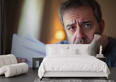 Man sitting at desk with concerned expression, holding stack of papers symbolizing financial stress and national debt, emphasizing personal and economic challenges. Wall mural