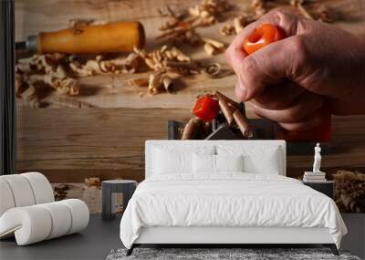 the process of planing a wooden board with a hand plane in a carpenter's workshop Wall mural