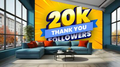 20000 followers banner with blue ribbon. Poster with thanks to subscribers on social networks. Vector illustration. Wall mural