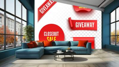 Set of red sale banners on transparent background. Ribbons, tags and stickers. Vector illustration. Wall mural