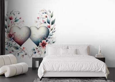 A couple of floral design hearts isolated on a white background - Watercolor illustration of two hearts together in a romanticism concept Wall mural