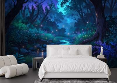 Fantasy dark forest with a stream - Anime painting poster Wall mural