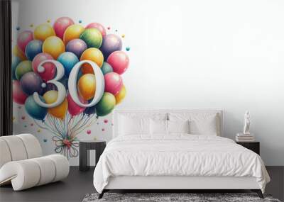 Watercolor balloons with the number 30 on a white background - Happy 30th birthday card with copy space to add text Wall mural