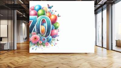 Watercolor balloons with the number 70 on a white background - Happy 70th birthday card with copy space to add text Wall mural