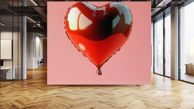 3D Render of Glossy Red Heart-Shaped Balloon on Pink Background Wall mural