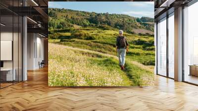 elderly woman doing low intensity exercise, walking through a field with flowers at sunset. active senior person. Wall mural