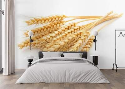 A bundle of golden wheat stalks isolated on a white background, symbolizing agriculture, harvest, and natural produce. Wall mural