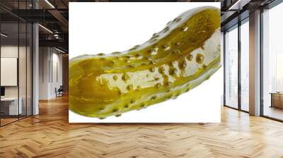 A close-up of a single green pickle with a bumpy texture, isolated on a white background. Wall mural