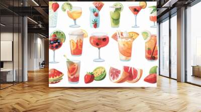 Colorful illustration of various tropical fruits and drinks, including watermelon, banana, and cocktails, on a beige background. Wall mural