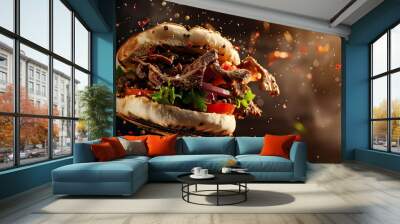 Grilled beef turkish or chicken arabic shawarma doner sandwich with flying ingredients and spices hot ready to serve and eat food. Wall mural