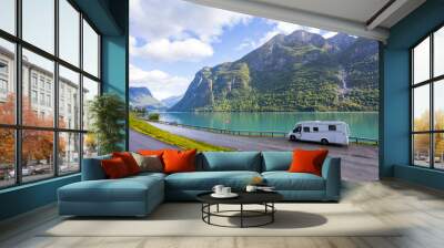 Motorhome camper in Briksdal glacier valley in south Norway, Europe. Wall mural