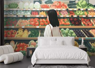 Young woman in casual attire shopping for fresh produce in a grocery store. Wall mural