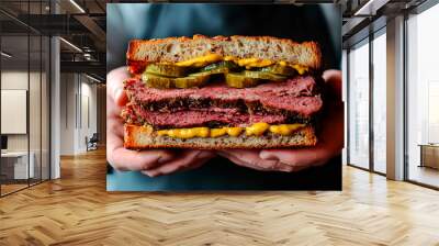 Gourmet Pastrami Sandwich With Pickles Held by Chef Wall mural